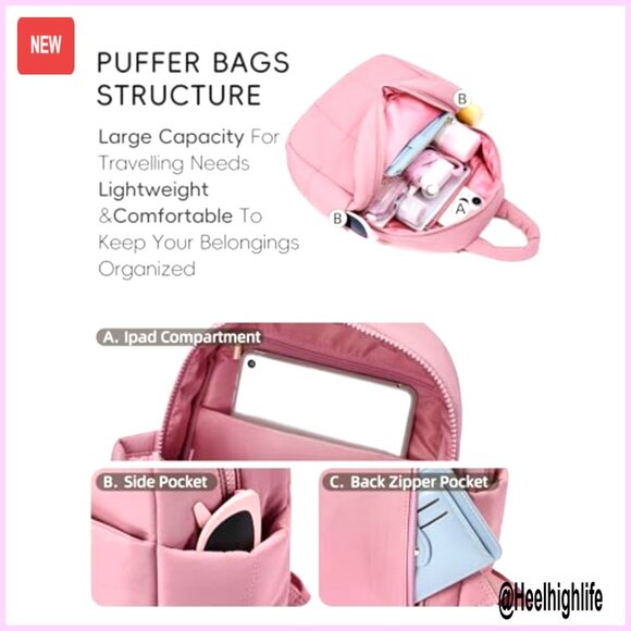Mini Nylon Puffer Backpack with iPad Sleeve Lightweight Travel Daypack